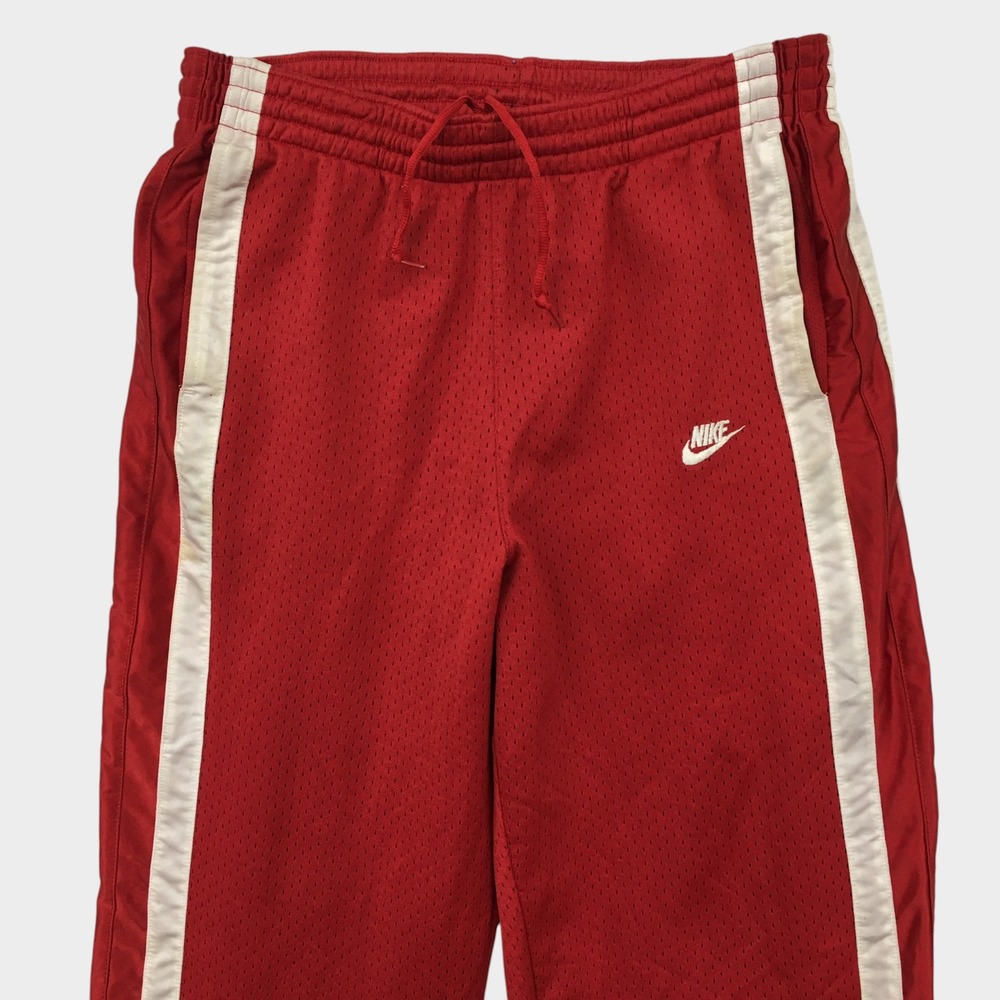 VINTAGE Nike Mens Y2K Red Mesh Track Pants White Stripes Drawstring Waist Size M